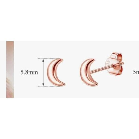 Rose Gold Colored Moon Stud Earrings 20G 925 Sterling Silver Hypoallergenic Post - Picture 2 of 7